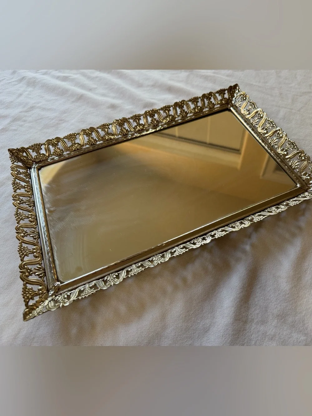 VTG Ornate Silver Filigree Rectangular Vanity Mirror with Decorative Frame